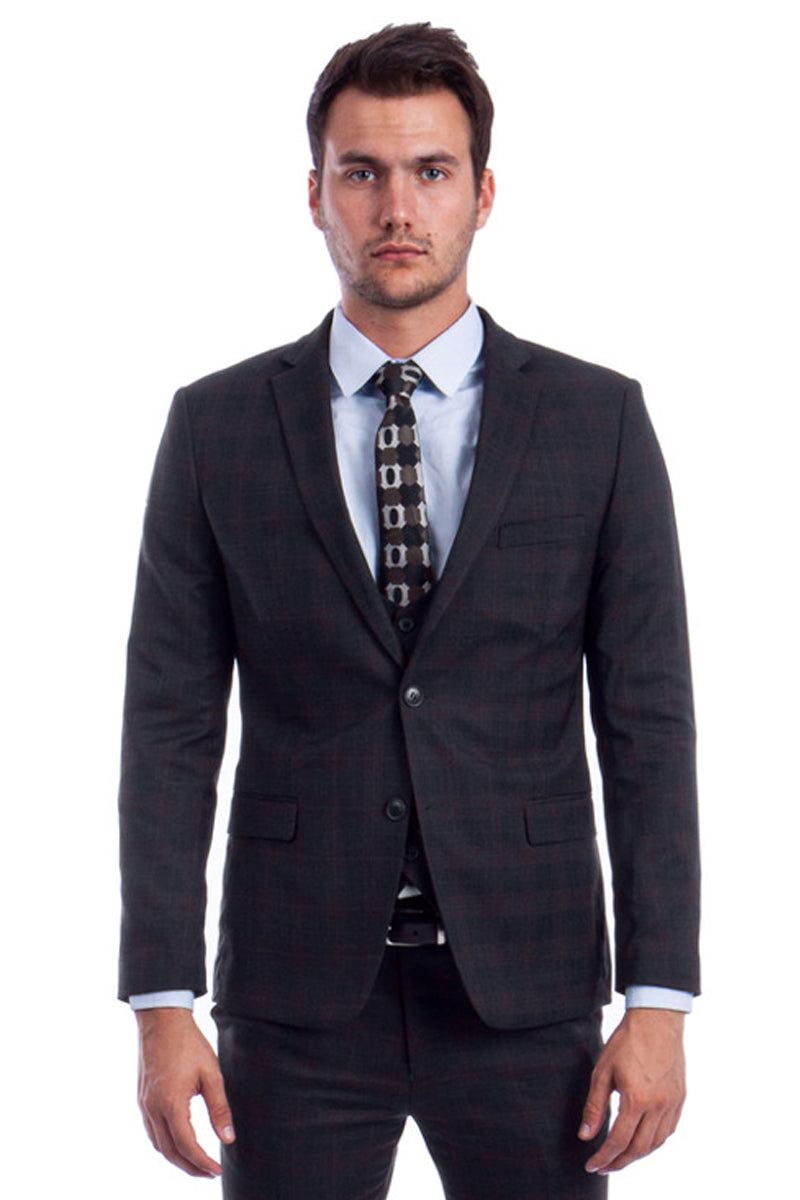 Men’s Two Button Vested Skinny Fit Suit with Low Cut Vest in Black Plaid