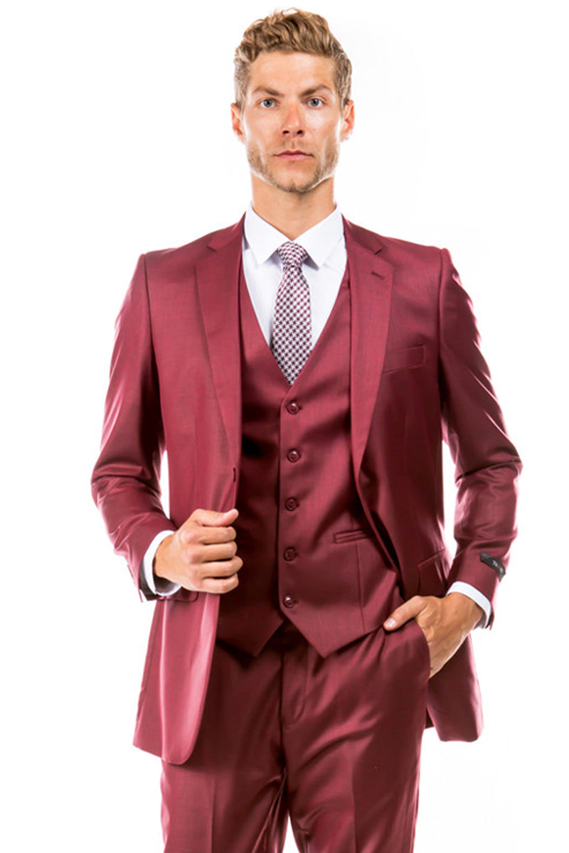 Men’s Two Button Hybrid Fit Vested Sharkskin Wedding & Business Suit in Cranberry Red