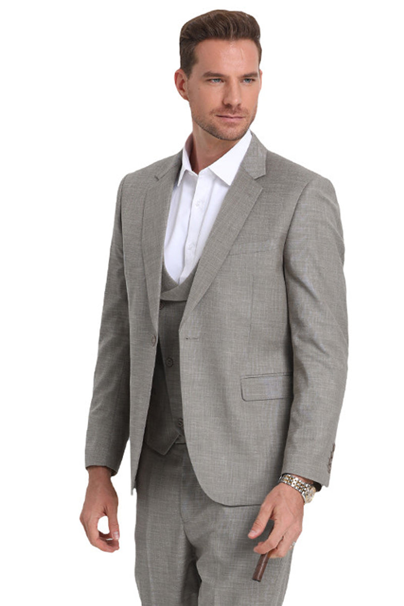 Men’s One Button Double Breasted Vest Slim Fit Sharkskin Wedding Suit in Light Grey