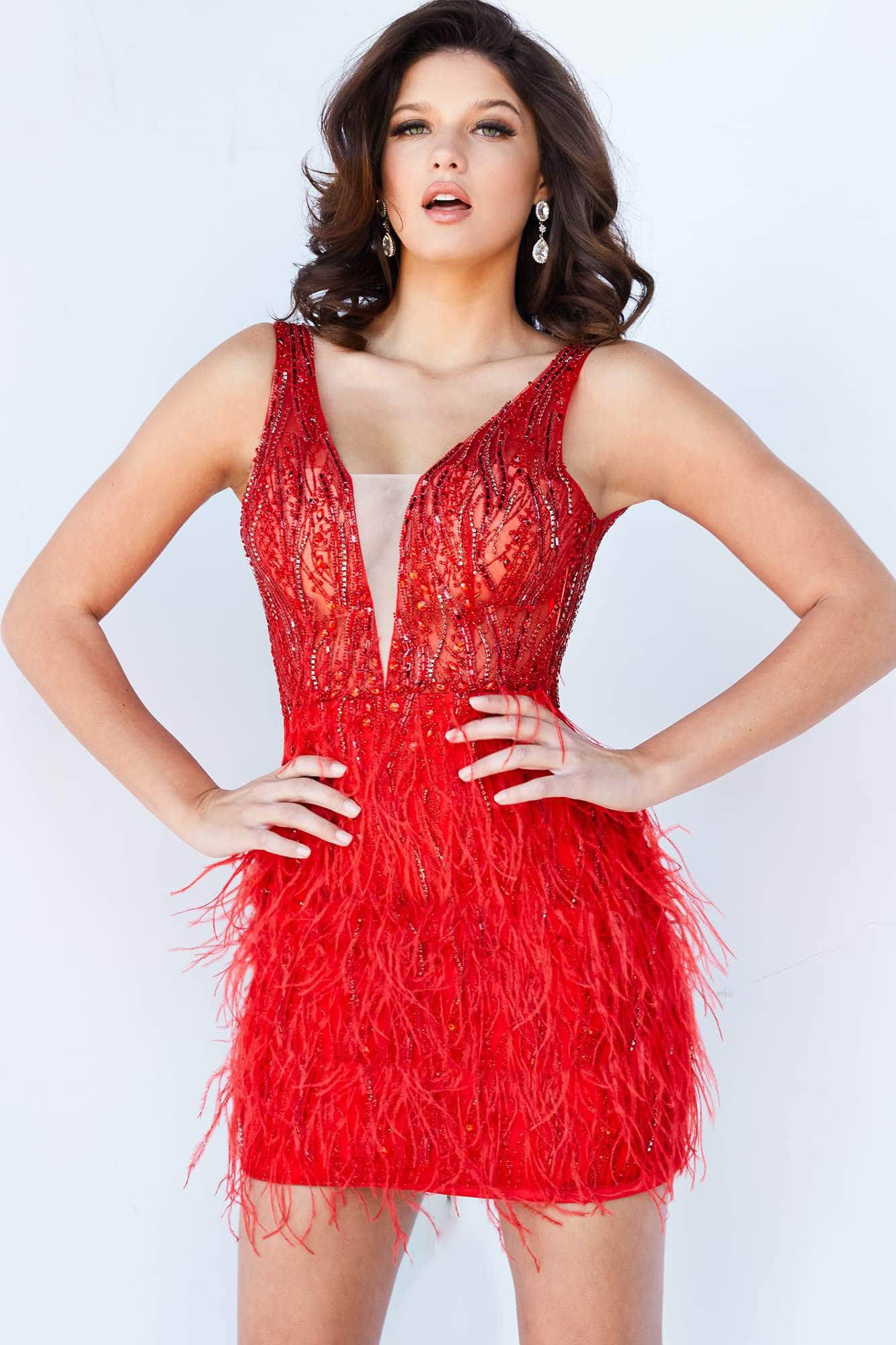 04619 Beaded V-Neck Feather-Fringed Short Prom Dress