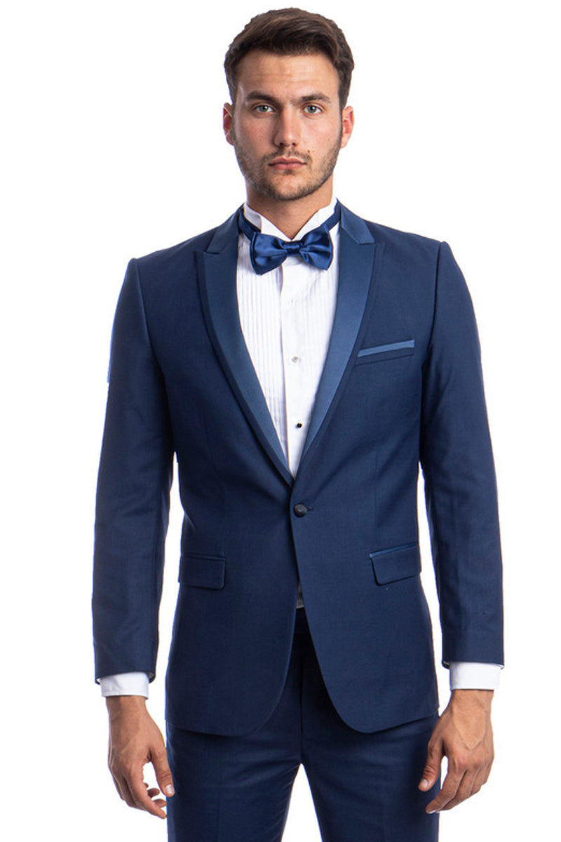 Men’s Slim Fit One Button Satin Trim Peak Lapel Prom & Wedding Tuxedo in Cobalt Blue