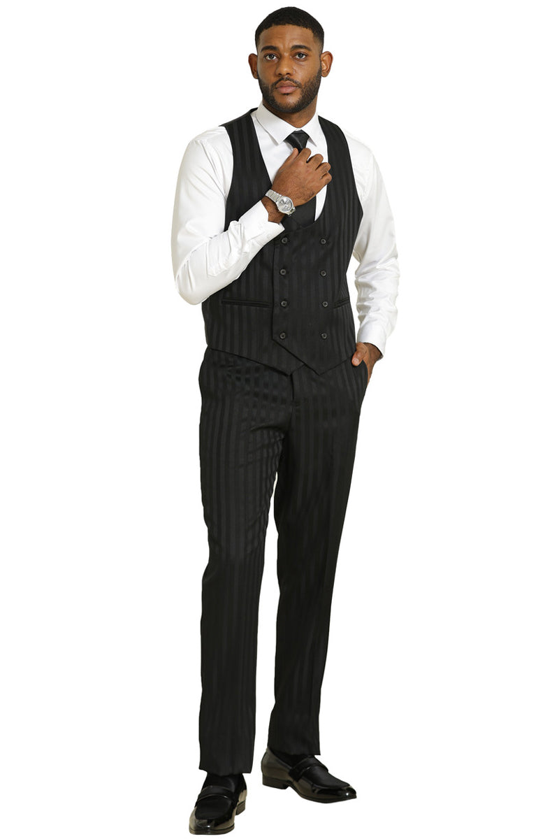 Men’s Stacy Adams Modern Fit Vested Suit in Black Tonal Shadow Pinstripe