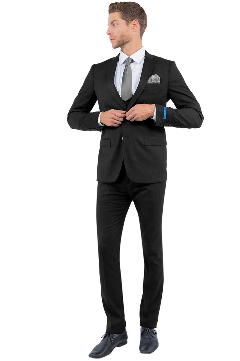 Men’s Two Button Vested Sharkskin Suit with a Scoop Vest in Black
