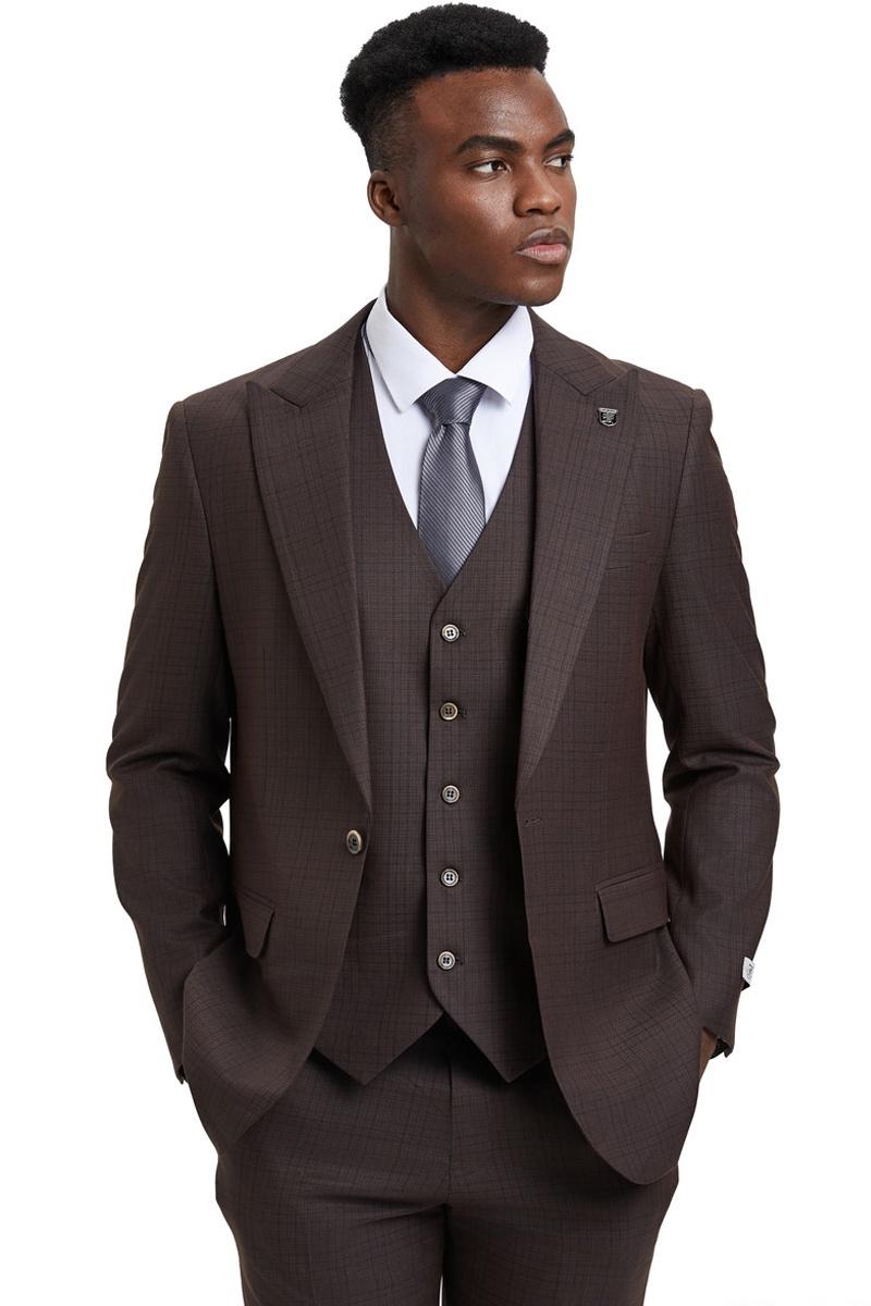 Men’s Stacy Adams Vested One Button Wide Peak Lapel Windowpane Plaid Suit in Brown