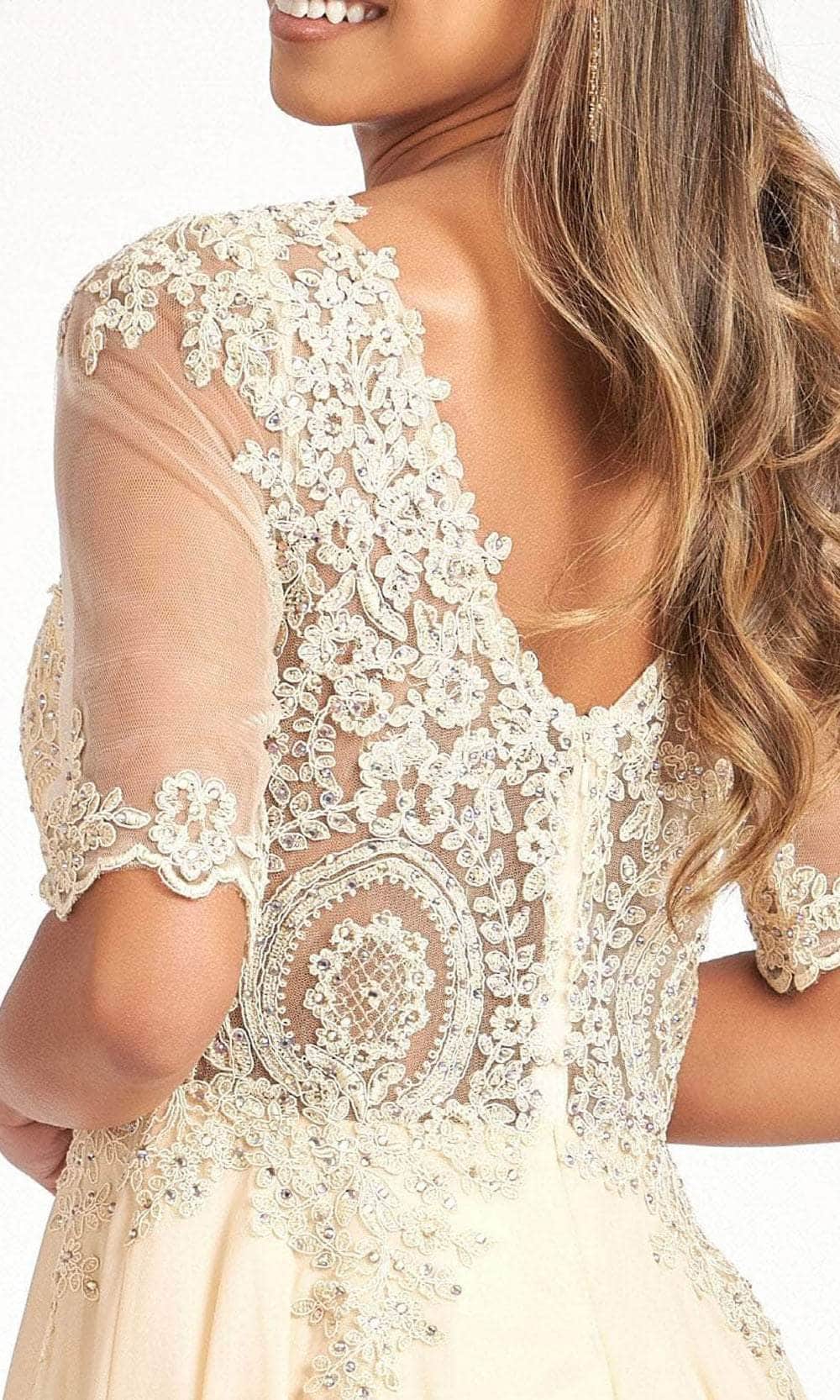 Sheer Quarter Sleeve Lace Applique Evening Dress
