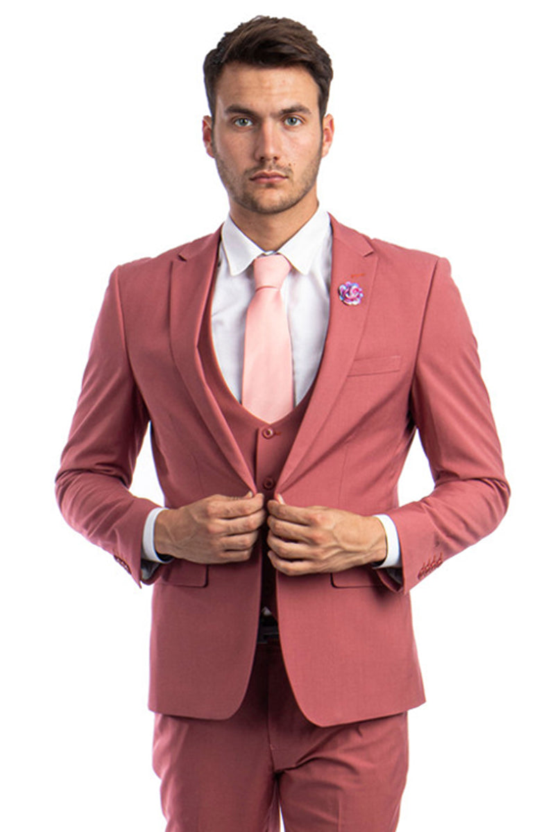 Men’s One Button Peak Lapel Skinny Wedding & Prom Suit with Lowcut Vest in Coral Pink