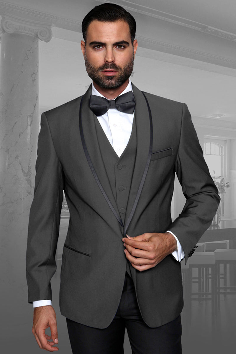 Men’s Designer Vested Satin Trim Shawl Wedding & Prom Tuxedo in Charcoal Grey
