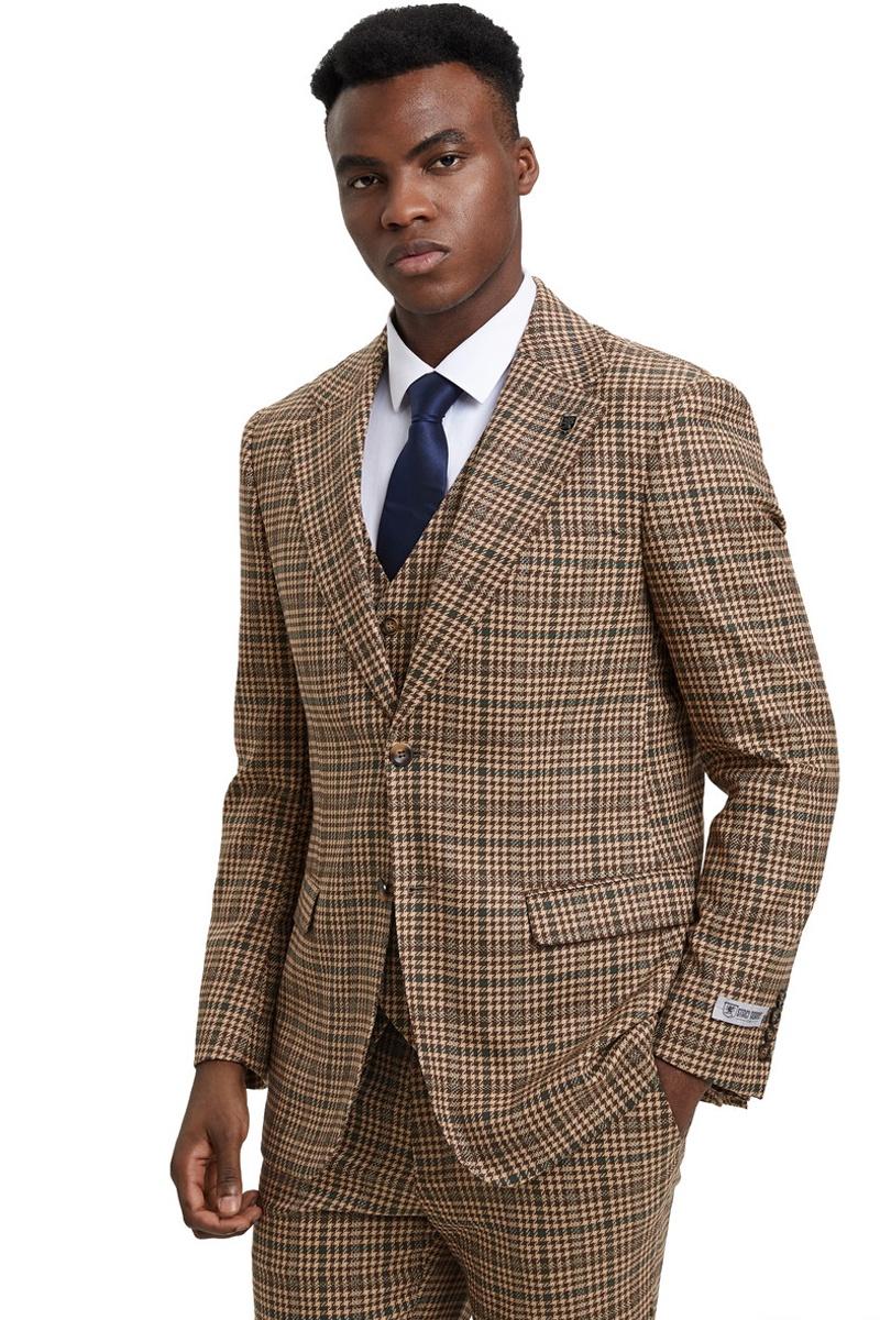 Men’s Stacy Adams Vested Modern Fit Houndstooth Glen Plaid Suit in Camel & Green
