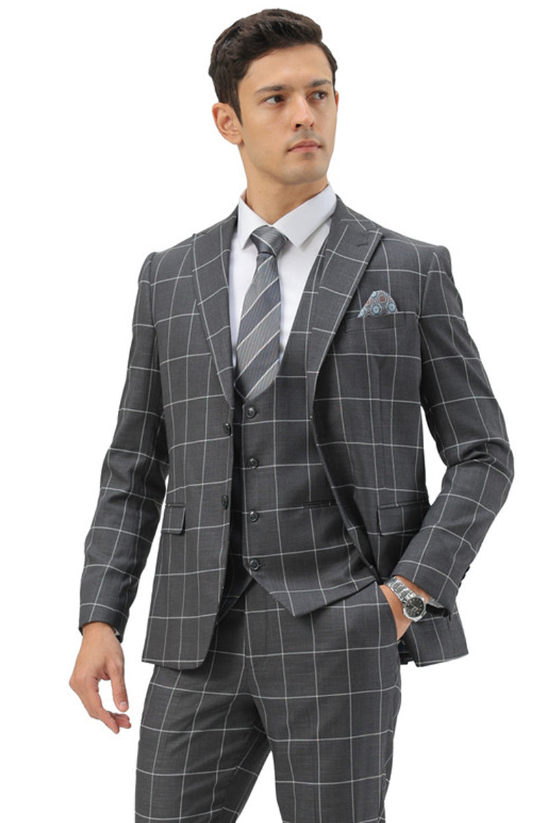 Men’s Slim Fit Two Button Peak Lapel Vested Suit in Grey Windowpane Plaid
