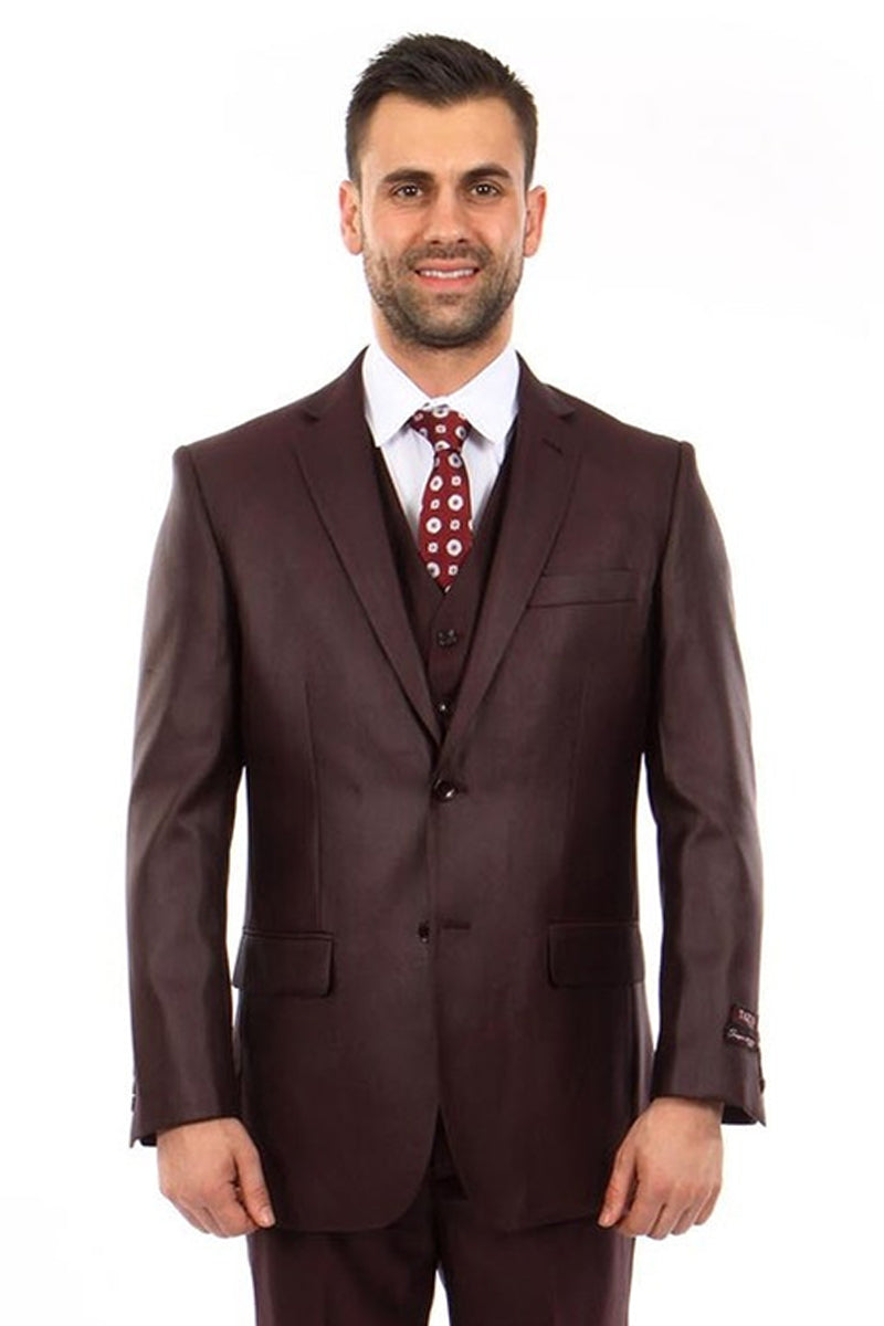 Men’s Two Button Vested Textured Sharkskin Business Suit in Burgundy