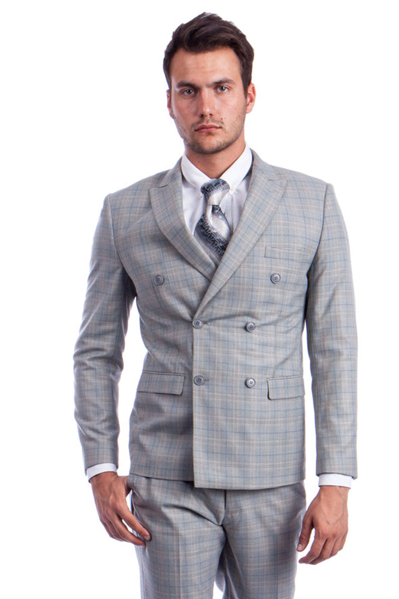 Men’s Slim Fit Double Breasted Suit in Light Grey Windowpane Plaid
