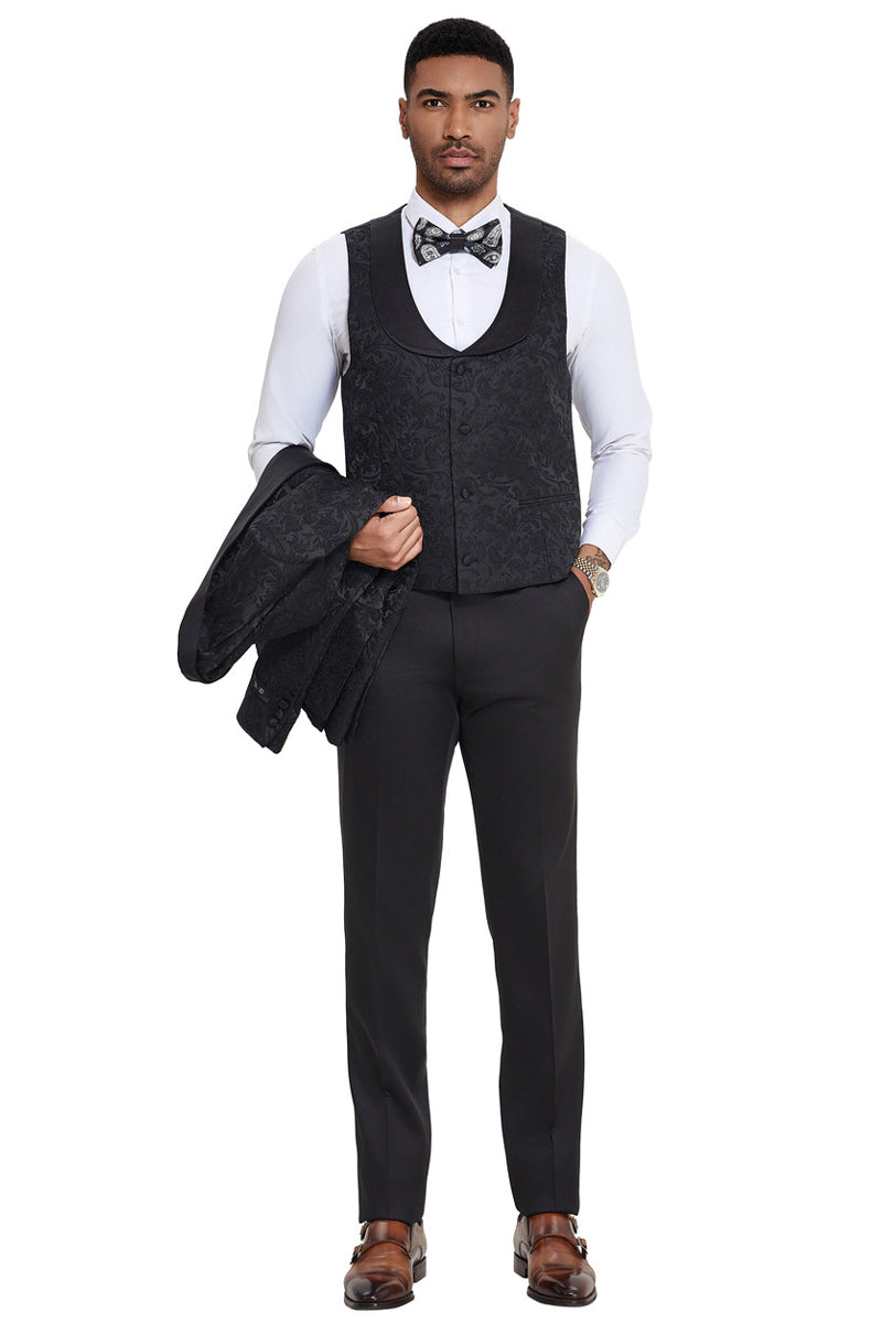 Men’s Designer Wedding & Prom Shawl Lapel Vested Paisley Tuxedo in Black