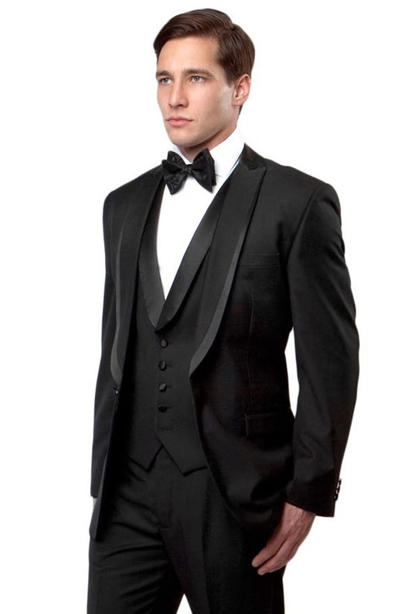 Men’s One Button Satin Trimmed Peak Lapel Vested Fancy Tuxedo in Black