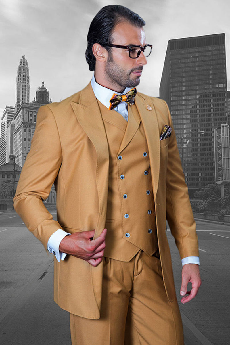 Men’s Designer Vested One Button Peak Lapel Wide Leg Pant Wool Suit in Camel