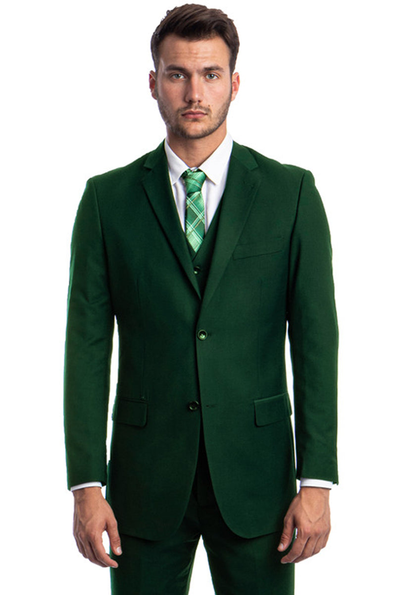 Men’s Vested Two Button Solid Color Wedding & Business Suit in Hunter Green