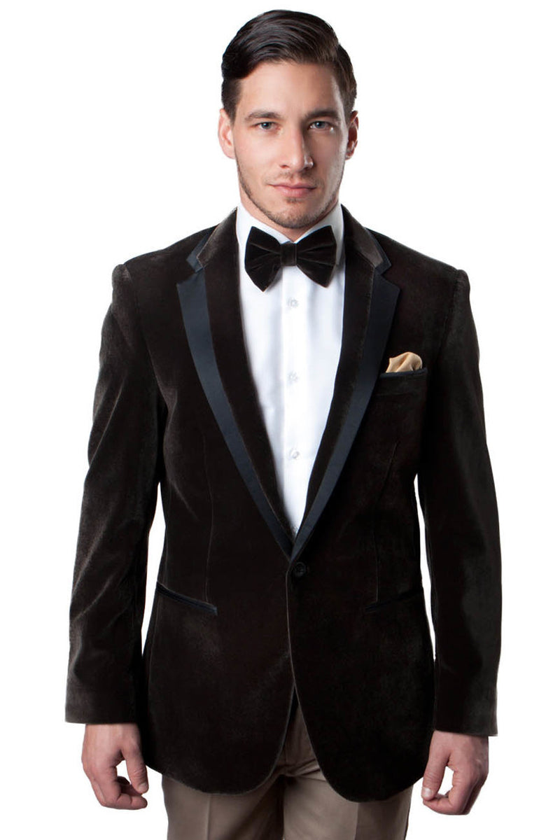 Men’s One Button Velvet Tuxedo Blazer in Brown with Black Satin Trim