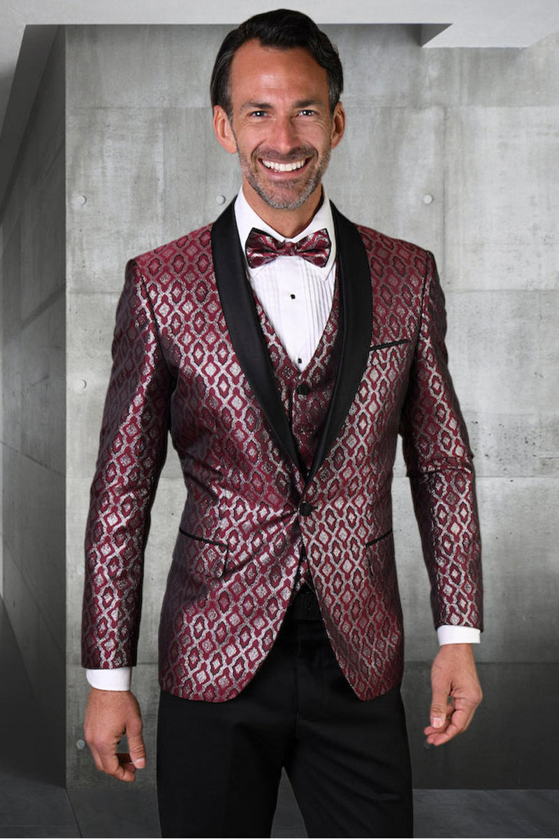 Men’s Designer Vested Diamond Print Wedding & Prom Tuxedo in Burgundy