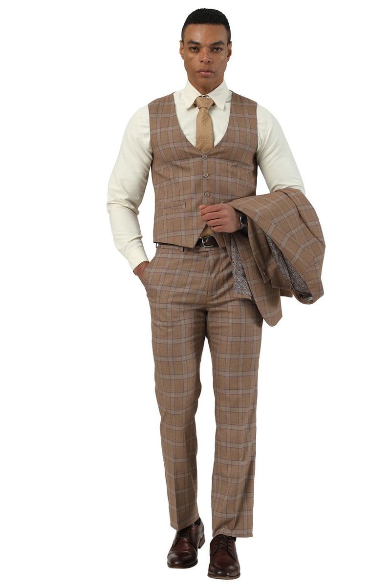 Men’s Designer Stacy Adams Vested Glen Plaid Suit in Brown
