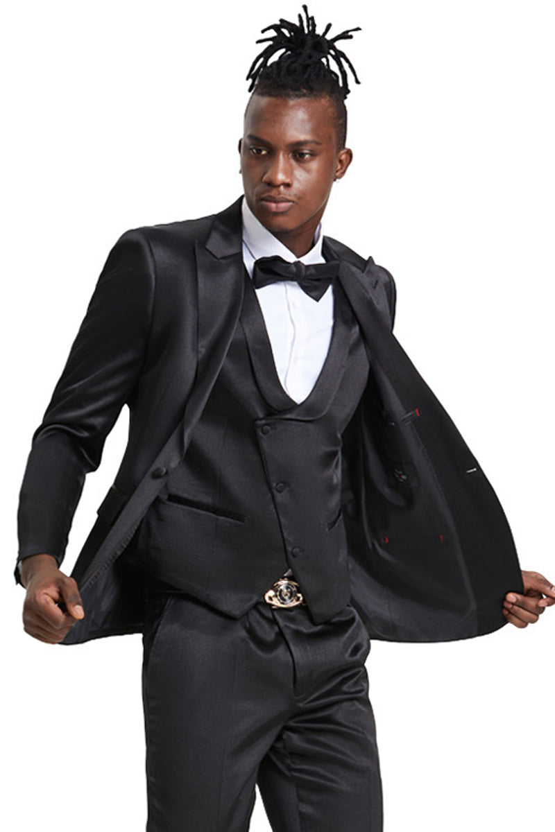 Men’s One Button Vested Shiny Satin Sharkskin Prom & Wedding Party Suit in Black