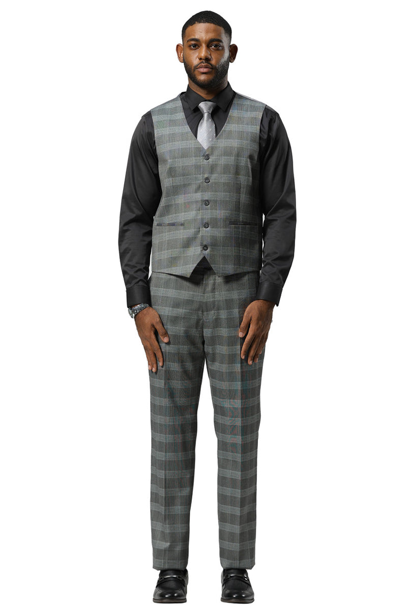 Men’s Stacy Adams One Button Vested Peak Lapel Suit in Grey Glen Plaid