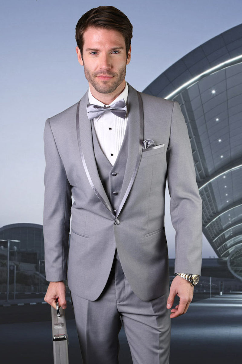 Men’s Vested Satin Trim Shawl Wedding & Prom Tuxedo in Grey