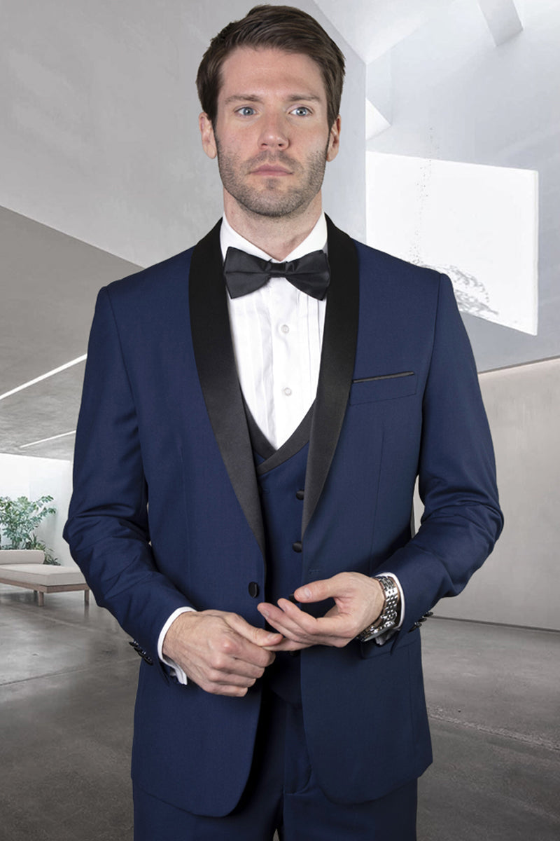 Men’s Designer Wool Shawl Tuxedo with Double Breasted Vest in Sapphire Blue