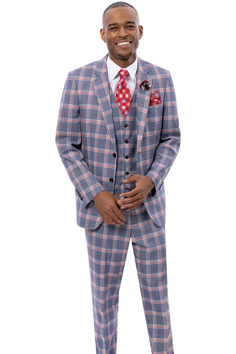 Men’s Two Button Vested Suit in Grey & Red Windowpane Plaid