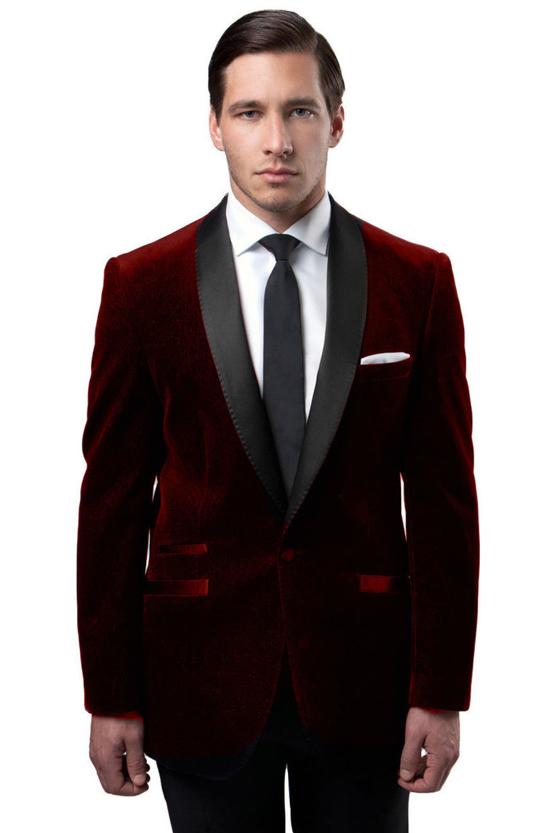 Men’s One Button Velvet Shawl Collar Tuxedo Jacket in Burgundy