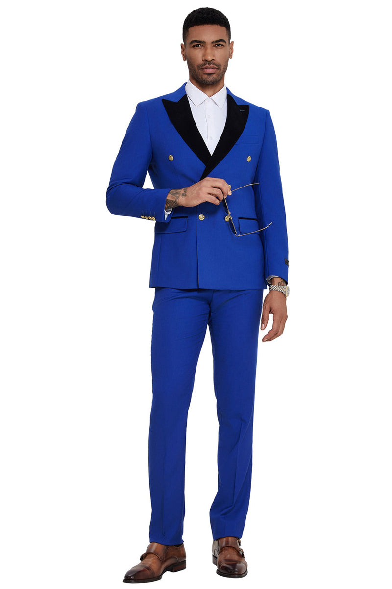 Men’s Double Breasted Wedding Suit with Velvet Peak Lapel and Gold Buttons in Royal Blue