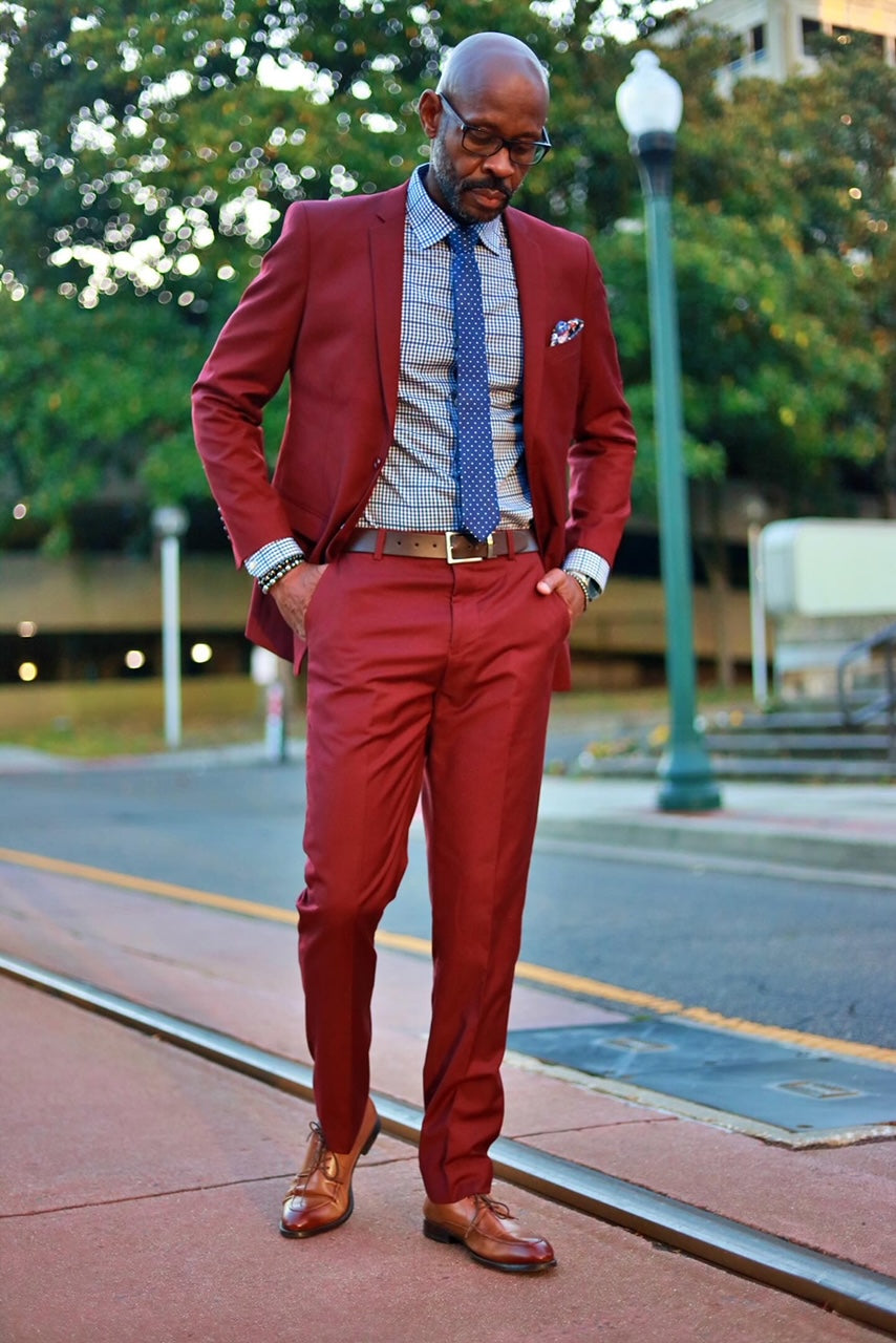 Men’s Basic 2 Button Slim Fit Wedding Suit in Burgundy