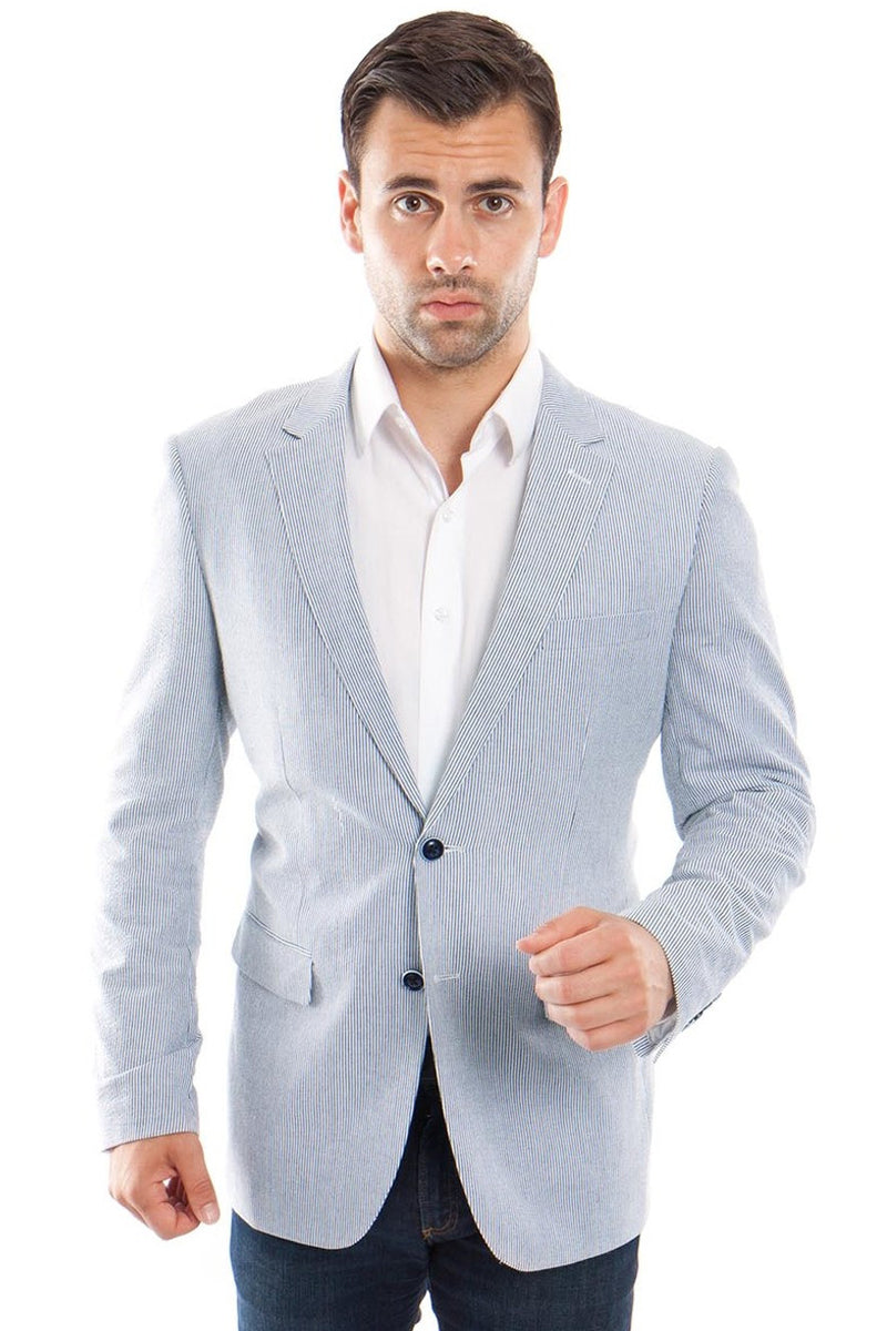 Men’s Two Button Summer Seersucker Sport Coat Blazer in Blue