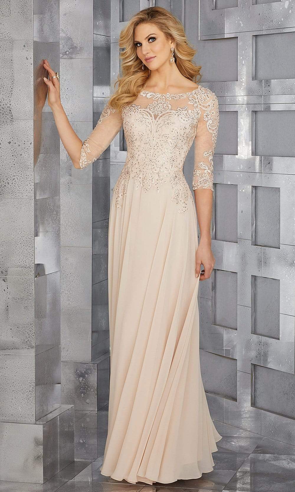 71622 Embroidered Bateau Chiffon A-line Dress