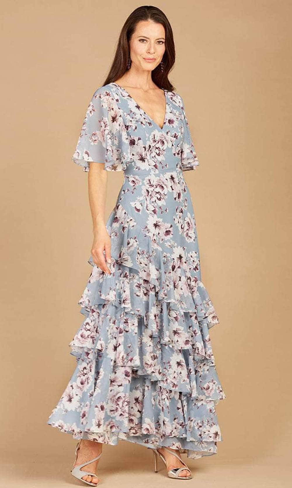 V-Neck Ruffled Printed Long Dress