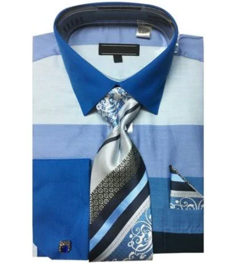 Men’s Contrast Collar Wide Horizontal Stripe French Cuff Dress Shirt, Tie, & Hanky Set in Blue