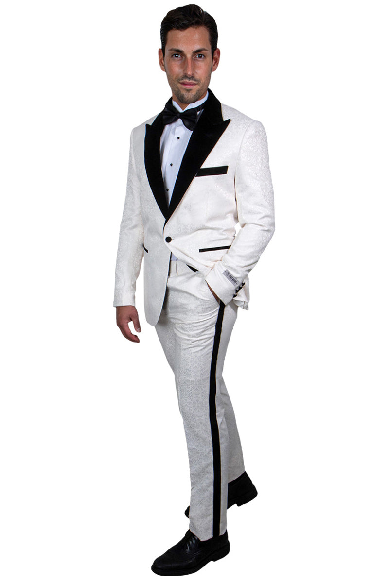 Men’s Stacy Adams Paisley Prom & Wedding Tuxedo in Ivory & Black