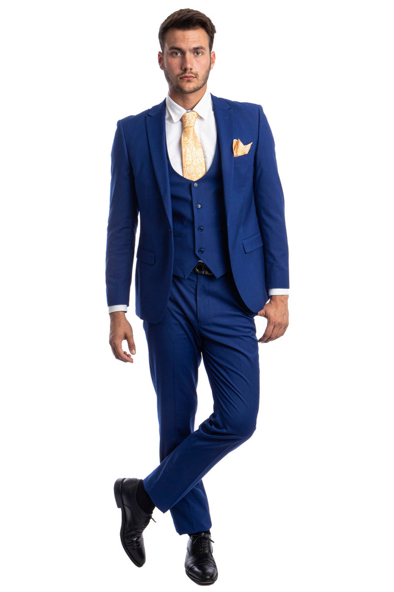 Men’s One Button Peak Lapel Skinny Wedding & Prom Suit with Lowcut Vest in Indigo Blue