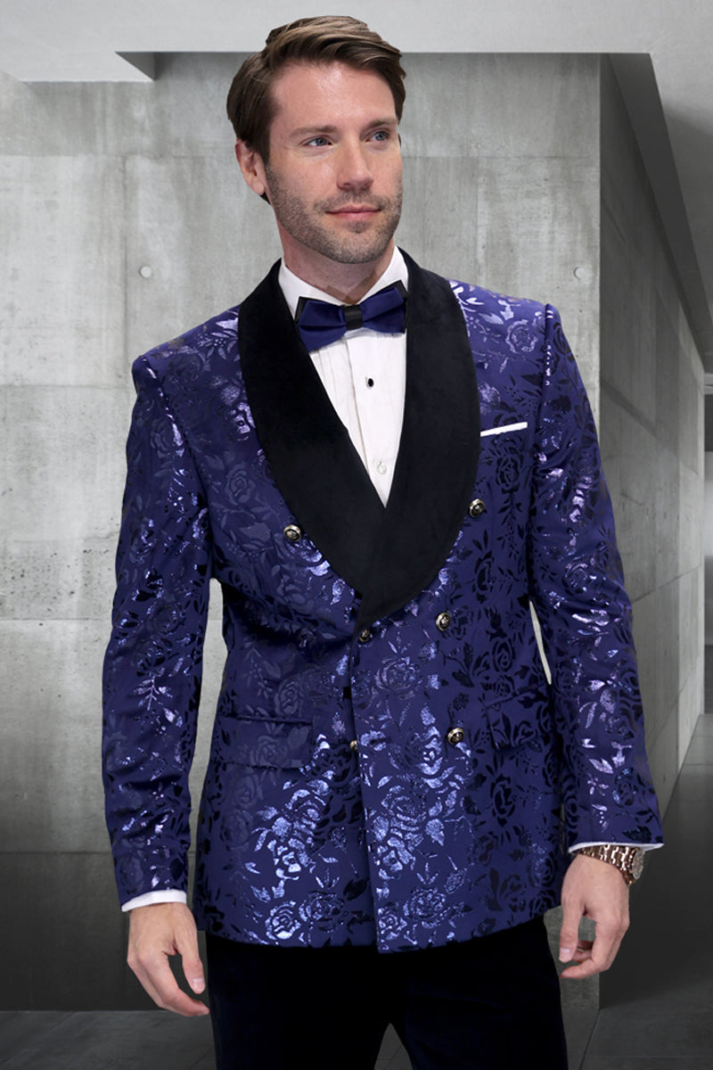 Men’s Double Breasted Foil Paisley Dinner Jacket Prom & Wedding Tuxedo in Sapphire Blue