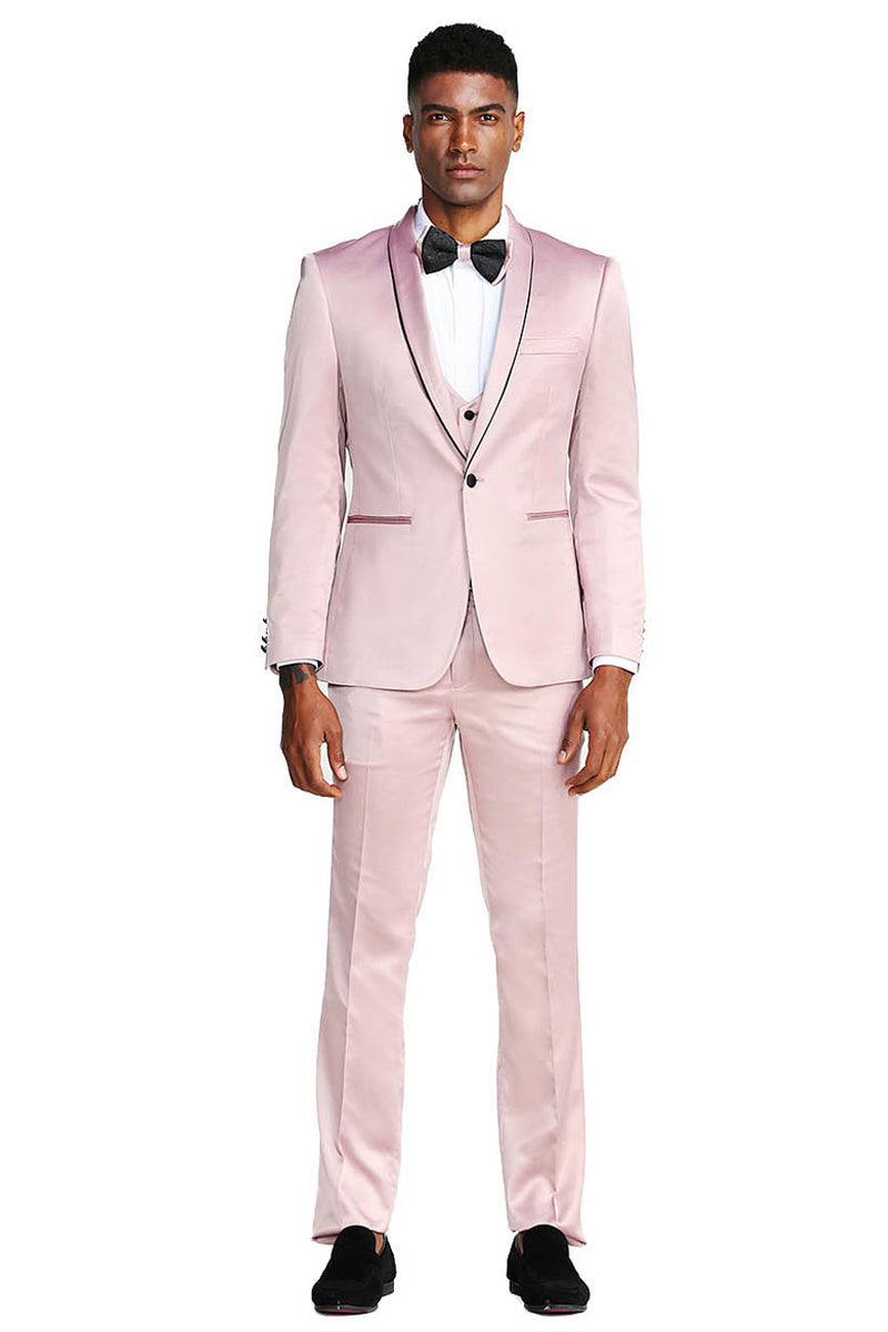 Men’s Slim Fit Vested Shiny Satin Prom & Wedding Tuxedo Suit in Rose Pink