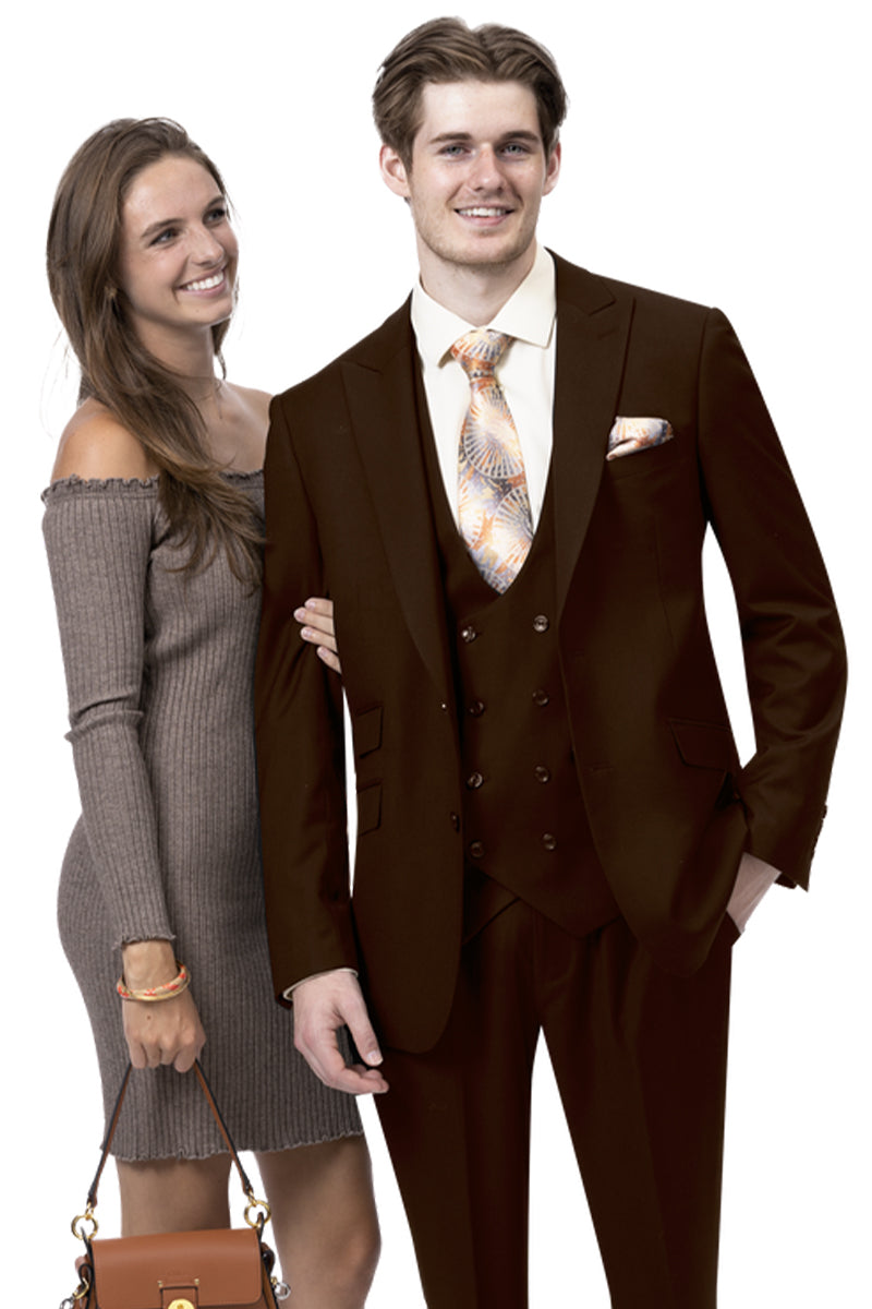 Mens Modern Two Button Vested Peak Lapel Suit with Double Breasted Vest in Brown