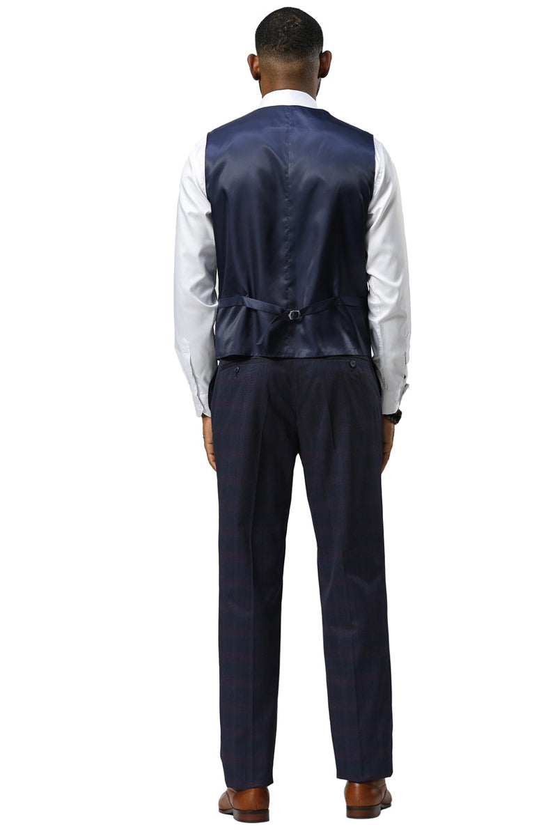 Men’s Stacy Adams One Button Vested Peak Lapel Suit in Navy Glen Plaid