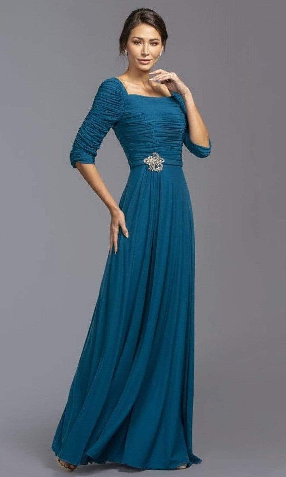M2195 Shirred Brooch Accented Chiffon Dress