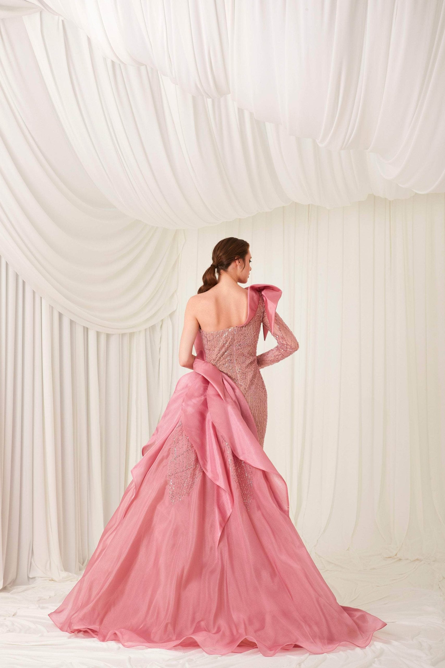 Beaded Sequins One Shoulder Gown