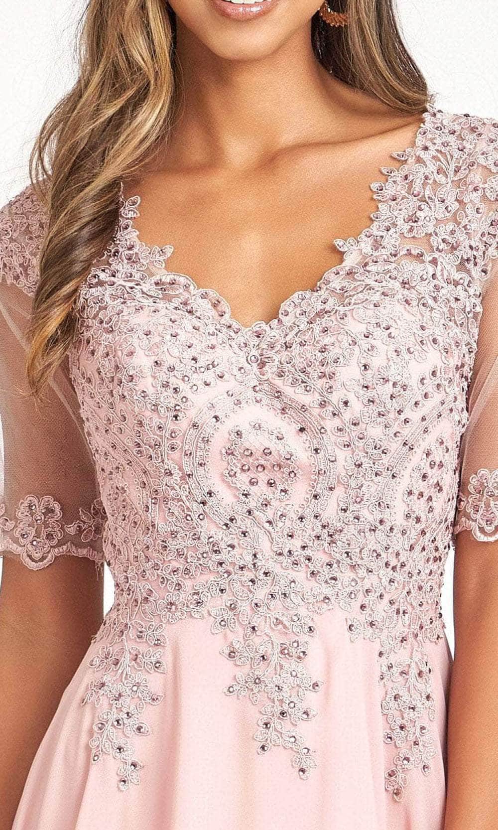 Sheer Quarter Sleeve Lace Applique Evening Dress