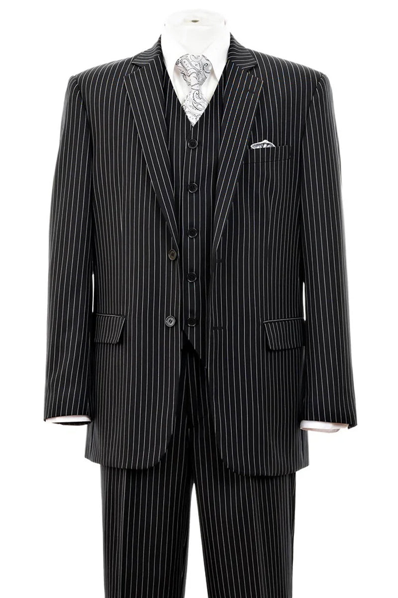 Mens 2 Button Vested Bold Pinstripe Gangster Suit in Black