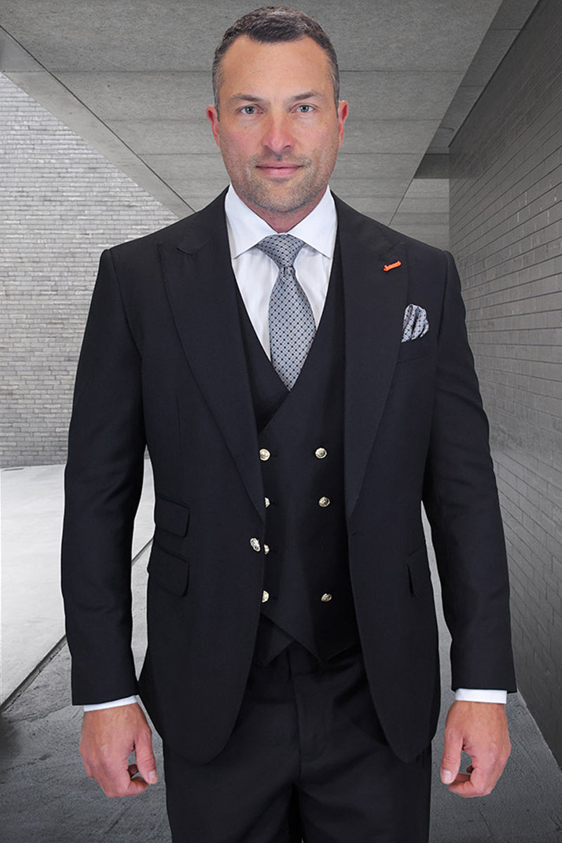 Men’s Designer Wool Vested One Button Peak Lapel Suit in Black with Gold Buttons