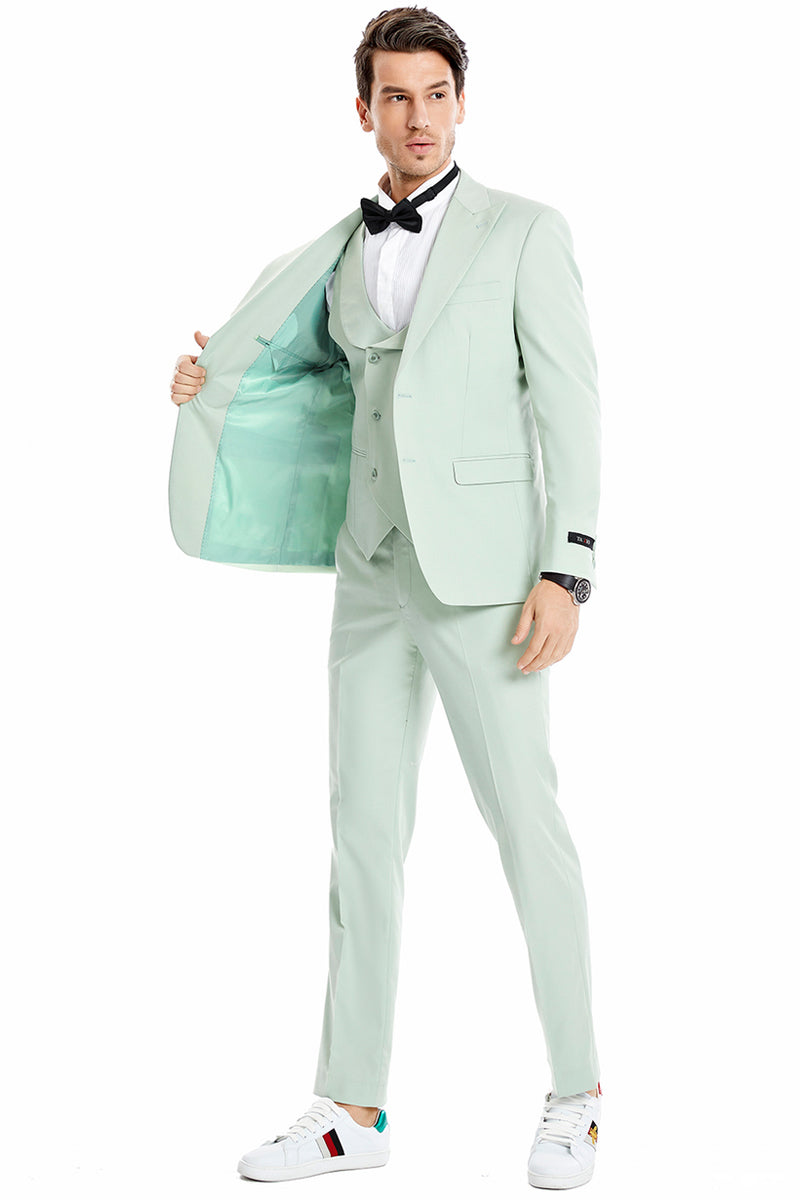 Men’s Two Button Vested Peak Lapel Pastel Wedding & Prom Suit in Mint Green