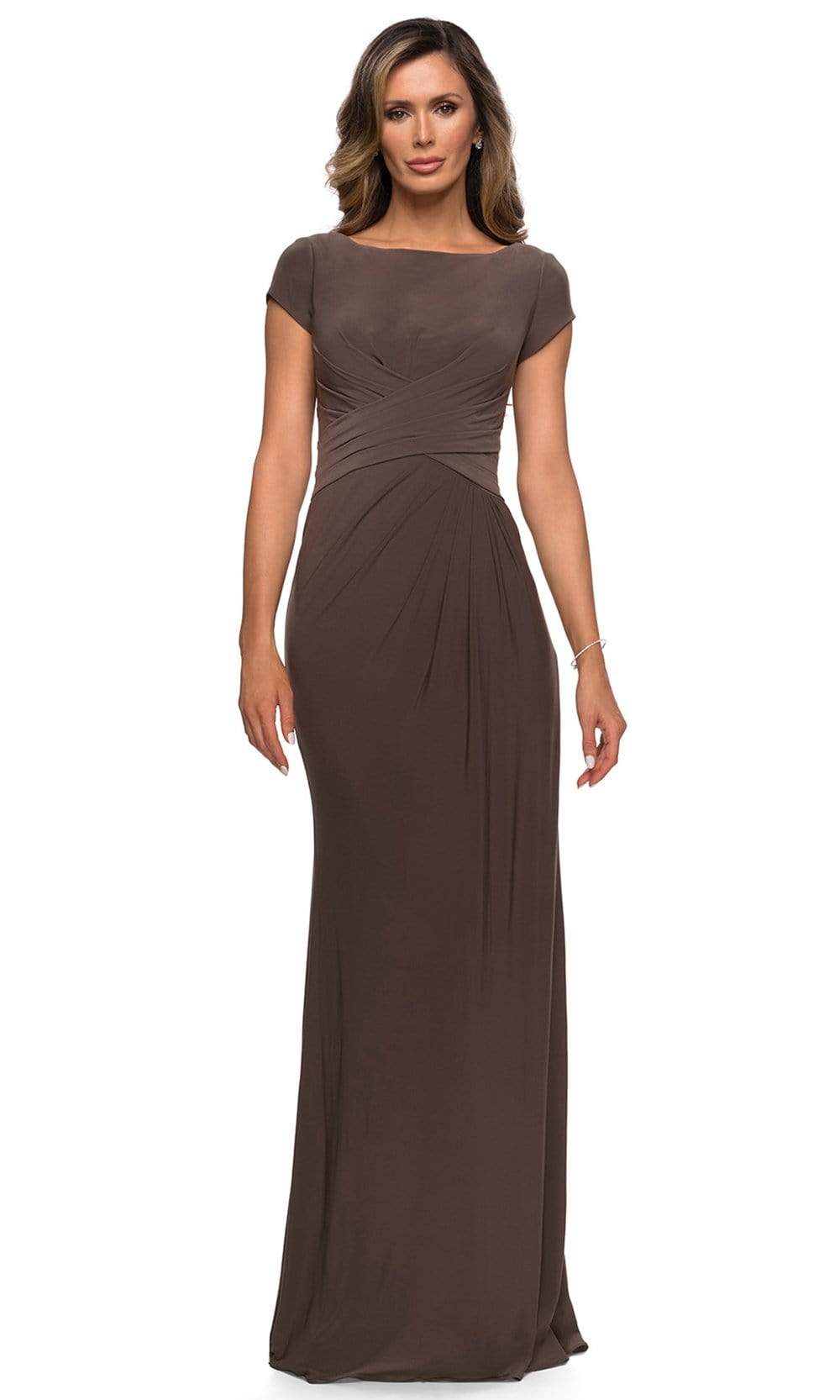 28026 Bateau Neck Cap Sleeve Sleek Jersey Long Dress