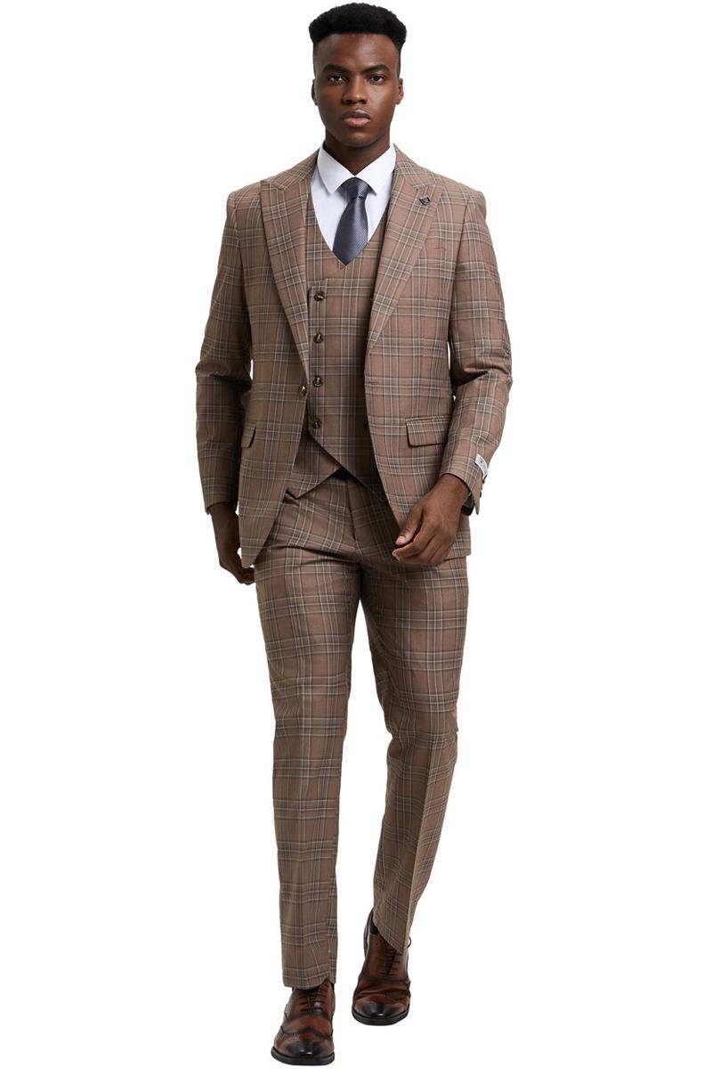 Men’s Stacy Adams One Button Peak Lapel Double Breasted Vest Suit in Light Brown Plaid