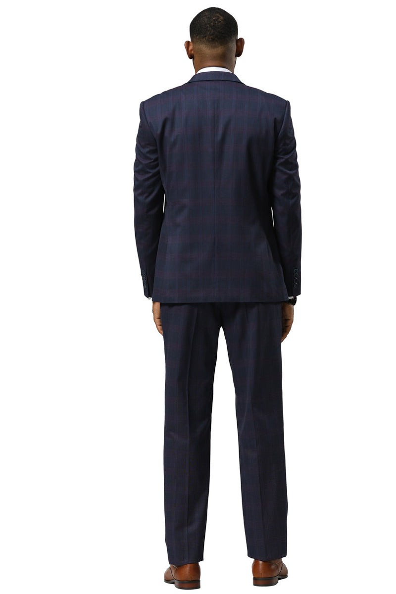 Men’s Stacy Adams One Button Vested Peak Lapel Suit in Navy Glen Plaid