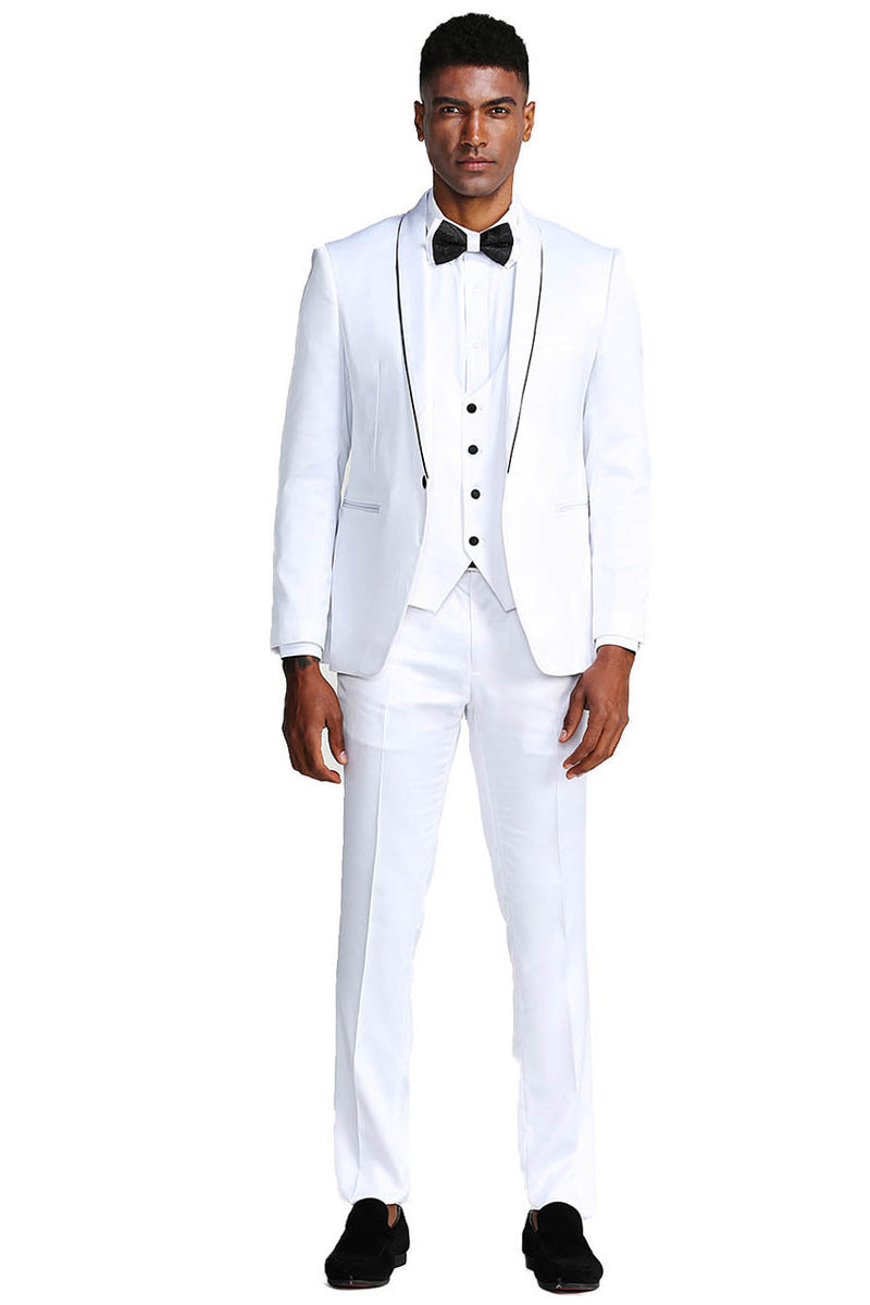 Men’s Slim Fit Vested Shiny Satin Prom & Wedding Tuxedo Suit in White